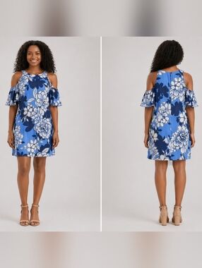 Vince Camuto Asymmetrical Floral Dress in Blue and White